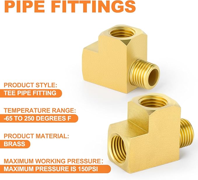 GASHER 1Pc Brass Tee Fitting, 1/2" FNPT x 1/2" FNPTx 1/2" MNPT Pipe Fittings, Male Run Tee