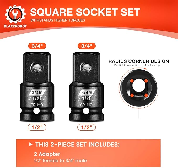 BLACKROBOT 2 Pieces 1/2” F To 3/4” M Impact Socket Adapter Set, SAE Drive Cr-Mo Steel Exceeds ANSI Standards, Square Drive Socket Reducer for Impact Driver Wrench