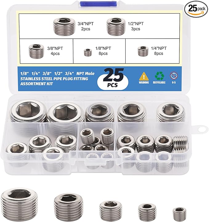 25Pcs 304 Stainless Steel Pipe Plug Fittings Assortment Kit,5 Sizes 1/8" 1/4" 3/8" 1/2" 3/4" NPT Male Internal Hex Thread Socket Pipe Plug Set