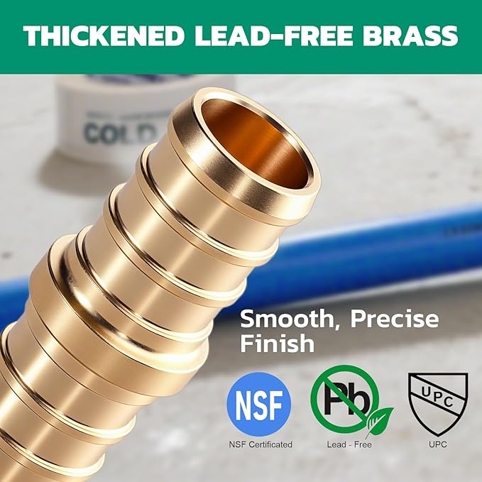 PEX Fittings 1/2 Inch, 24PCS Coupling Lead-Free Brass Connectors for PEX B Pipe, NSF UPC Certified, ASTM F1807, Compatible with Crimp/Clamp Rings (Hot/Cold Water, Hydronic Heating)