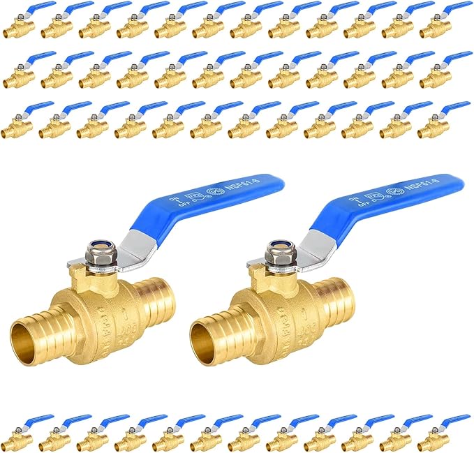 50-Pack Foskan 1 Inch PEX Crimp Full Port Ball Valve with Blue Handle, Brass Quarter Turn Shut-off Valve for PEX Tubing