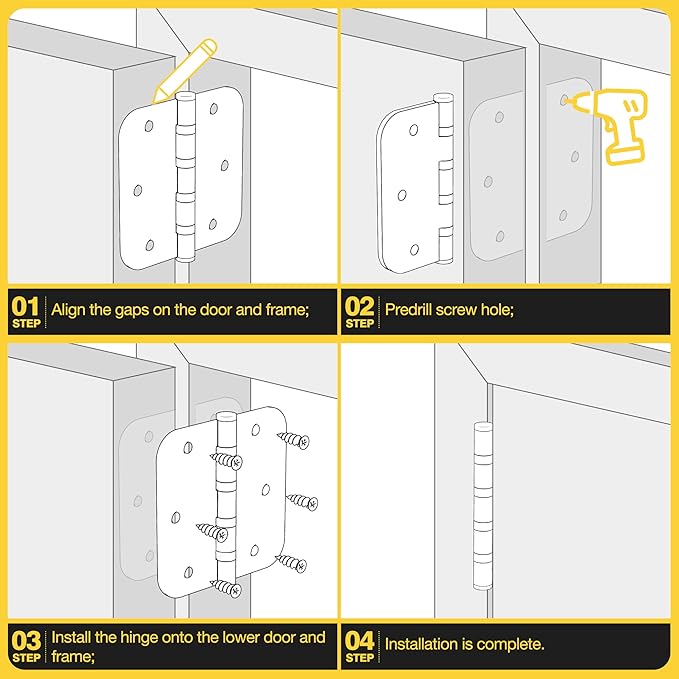 KOLET Ball Bearing Door Hinges, 3.5 Inches Black Door Hinges, 5/8'' Radius Corner Heavy Duty Stainless Steel Hinges, Smooth and Quiet, Non Removable Pin, Matte Black, 6 Pack