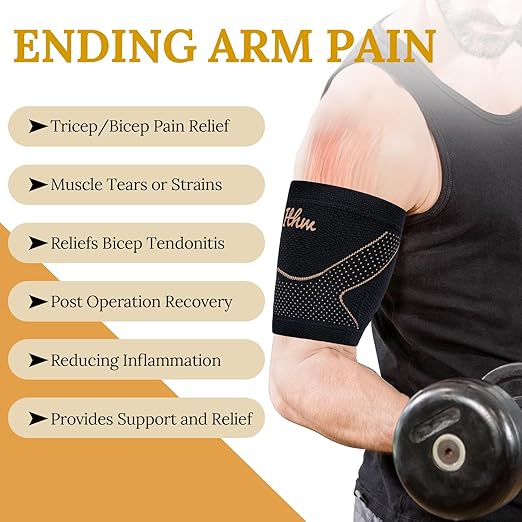 Copper Bicep Tendonitis Brace, Bicep Compression Sleeve for Pain Relief, Upper Arm Brace for Men and Women Muscle Strains Tear Injury (Copper, Medium)