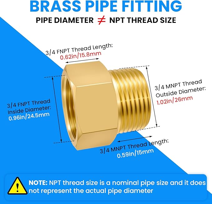 SDTC Tech 2-Pack Brass Pipe Fitting 3/4 NPT Thread Male to 3/4 NPT Thread Female Reducer Adapter, Brass Pipe Extension Connectors