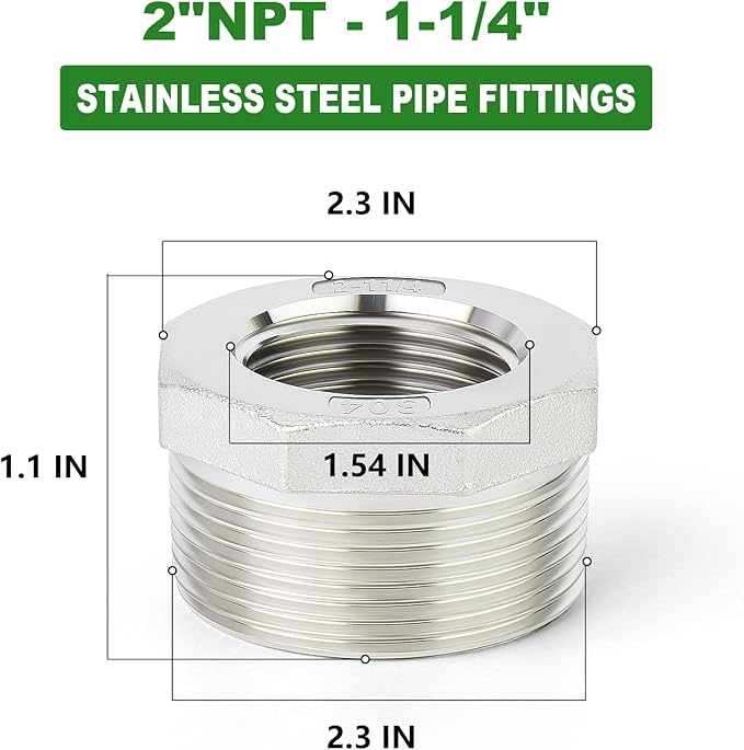 TAISHER 2PCS 304 Stainless Steel Reducer Hex Bushing, 2" NPT Male x 1-1/4" NPT Female, Reducing Pipe Adapter Fitting