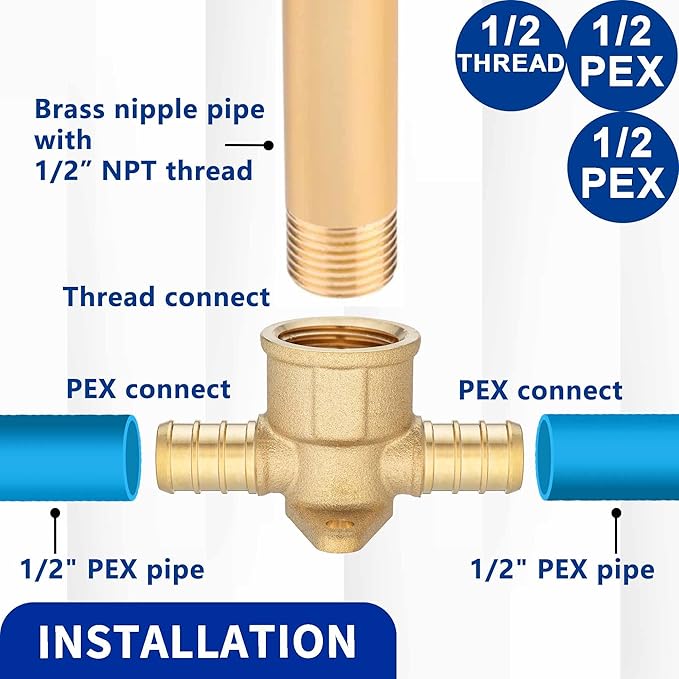 (10 Pack) Lidertik 1/2 Drop Ear Tee Pex Adapter, 1/2" PEX B F1807 to 1/2" PEX B F1807 to 1/2" NPT Female Threaded Adapter Brass LI-APXDET12 (10 Pieces)