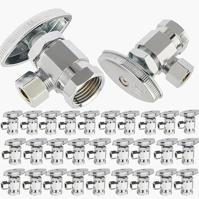 30-Pack GUOFIS Angle Stop Valve with Multi-Turn,1/2-Inch Fip Iron Pipe x 3/8-Inch OD Compression Water Shut-off Valves(LF Brass Chrome Plate)(VALVE365-30Pack)