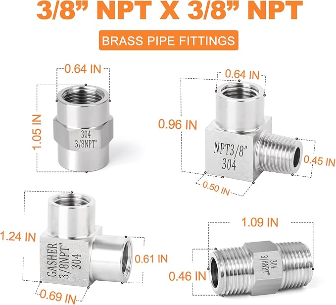 GASHER 4pcs Stainless Steel Pipe Fitting 90 Degree Barstock Street Elbow, 3/8 Inch NPT Male Pipe to 3/8 Inch NPT Female Pipe