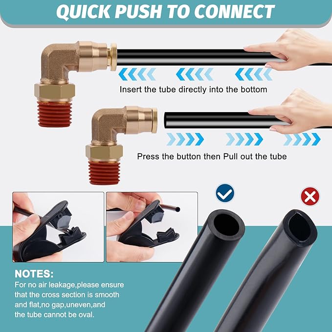 50FT 1/4 Air Hose Brass Fittings Kit 11pcs 1/4" OD Quick Push to Connect DOT Brass Fittings 1/4 SAE J844 PA12 Nylon Air Line Tubing with Cutter for Air Suspension Kit Truck Trailer Brake System