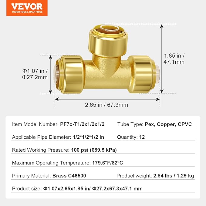 VEVOR Pipe Fittings, 1/2" 12PCS Tee Brass Pipe Fittings, Push-Fit Pipe Connector Brass Air Fittings, Heavy Duty Plumbing Fittings Adapter for Heating/Shower Systems, Water Pipes
