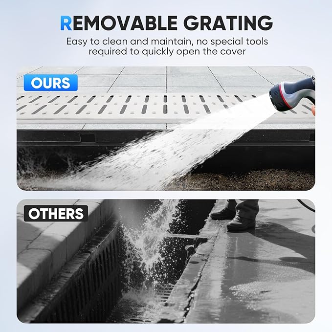 FAHKNS Trench Drain System, HDPE Channel Drainage with 304 Stainless Steel Metal Grate, Durable Garage Flooring Drain for Driveway, Garden, Patio, Pool Deck, Easy to Install, Corrosion-Resistant