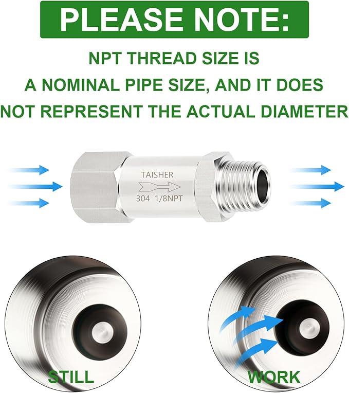 TAISHER 1PCS 316L Stainless Steel 1/8" NPT Male x 1/8" NPT Female Check Valve,Backflow Prevention,One Way Non-Return Check Valves