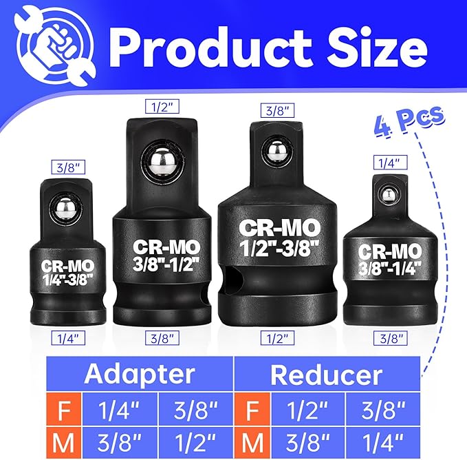 1/4" 3/8" 1/2" Impact Socket Adapter Reducer Set, 4 Pcs Chrome Molybdenum Steel Drive Conversion Adapters, for Sockets and Impact Wrench