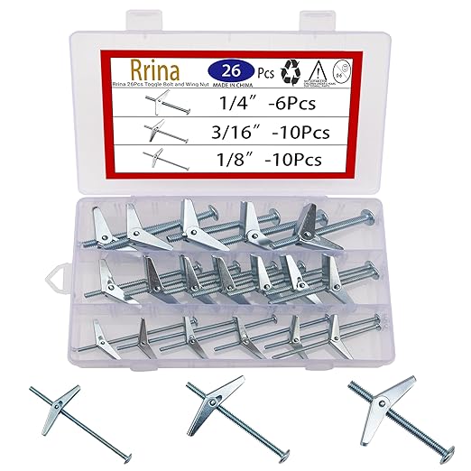 26Pcs Toggle Bolt and Wing Nut Assortment Kit for Hanging Heavy Items on Drywall 1/8 Inch 3/16Inch 1/4Inch