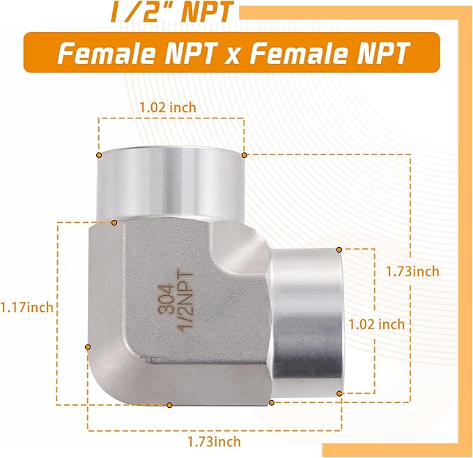 Stainless Steel Pipe Fitting 90 Degree Barstock Street Elbow 1/2" NPT Female x 1/2" NPT Female 2 Pack