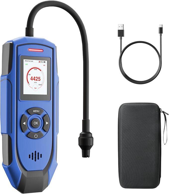 TopTes PT-990 Rechargeable Gas Leak Detector with 11 inch Probe, Detection Range 0-10000 ppm, Data Logging & 3 Types Alarm, Natural Gas Detector for Propane, Methane for Industrial & Home - Blue