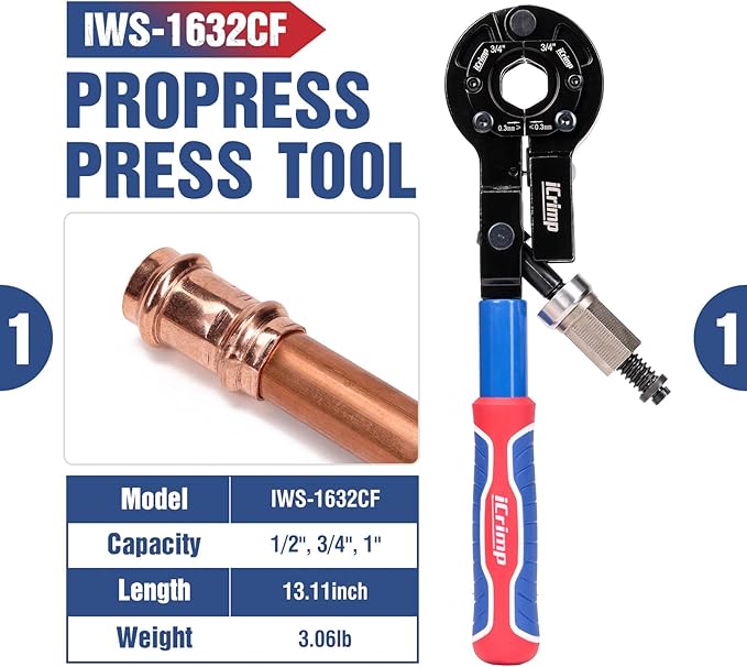 iCrimp IWS-1632CF Copper Pipe Press Tool Kit for 1/2-in, 3/4-in and 1-in Viega Propress Fittings, Driven by Socket Wrench or Impact Wrench