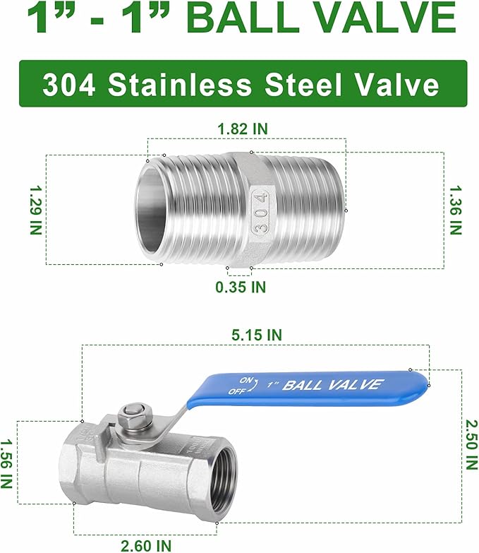TAISHER 4 Pcs 1 Inch FNPT Ball Valve Kit, 304 Stainless Steel with Blue Handles & Nipple