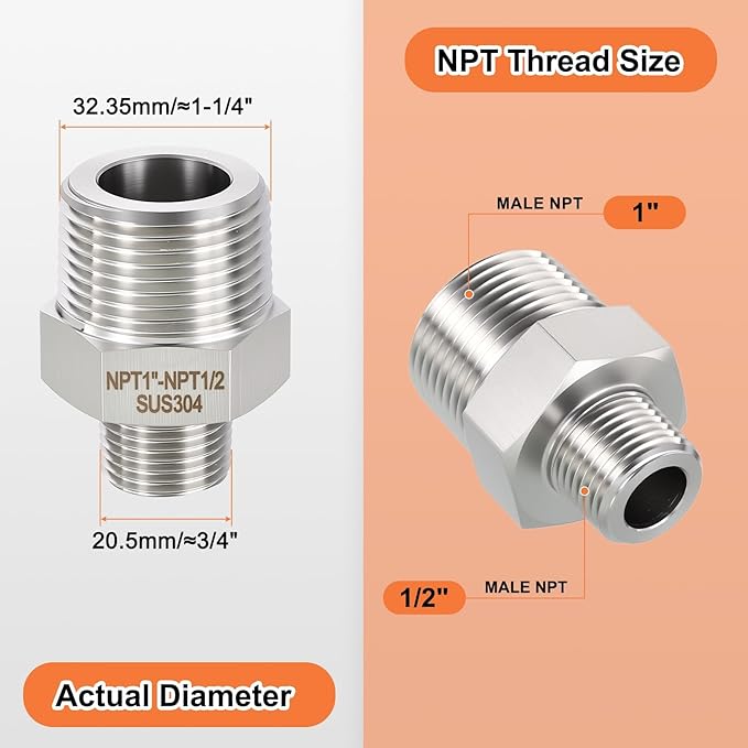 1 Pack 304 Stainless Steel Male to Male Adapter, 1" Male NPT x 1/2" Male NPT Hex Nipple Pipe Extension Fitting for Industrial, Automotive, Fluid Transfer, Home Gardening, Water