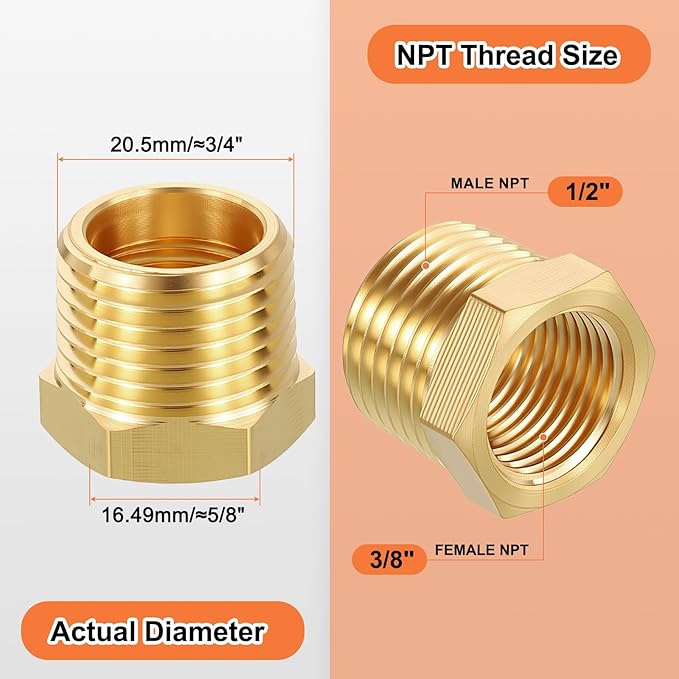 12 Pack Male to FeMale Adapters, 1/2" Male NPT x 3/8" FeMale NPT Brass Hex Bushing Reducer for Industrial, Automotive, Fluid Transfer, Home Gardening, Water Treatment