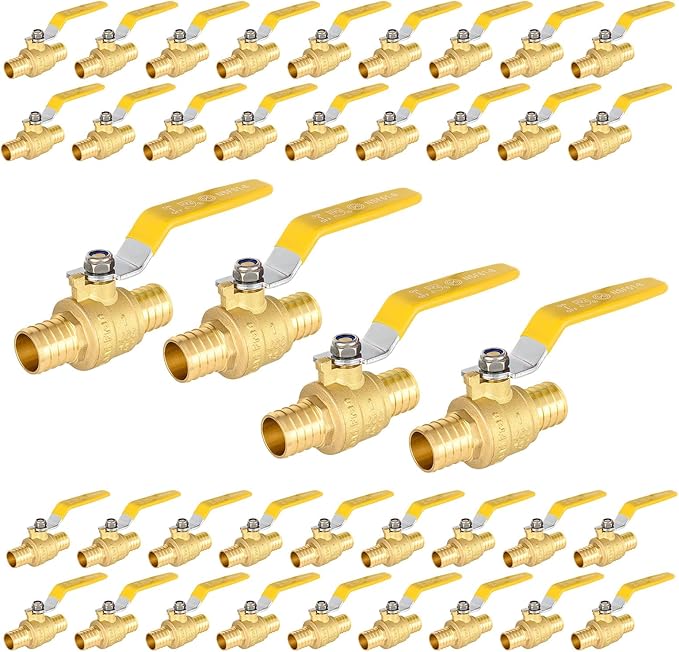 40-Pack Foskan 1 Inch PEX Crimp Full Port Ball Valve with Yellow Handle, Brass Quarter Turn Shut-off Valve for PEX Tubing