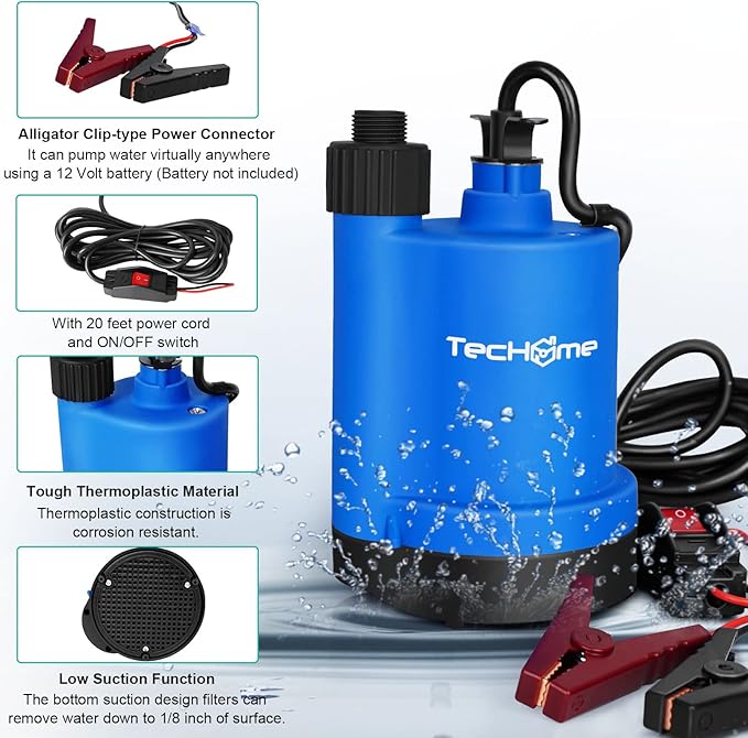 12v Pump，1500GPH Water Transfer Pump Sump Pump Submersible Water Pump, With 20 Feet Power Cord.