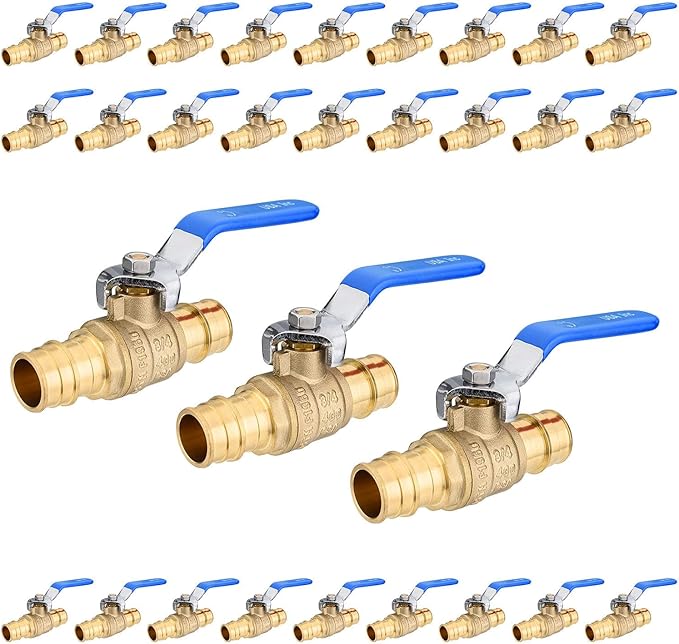30-Pack Foskan 3/4" Brass PEX-A Ball Valve with Blue Handle, Quarter Turn Full Port Valve for PEX-A Pipe Connection