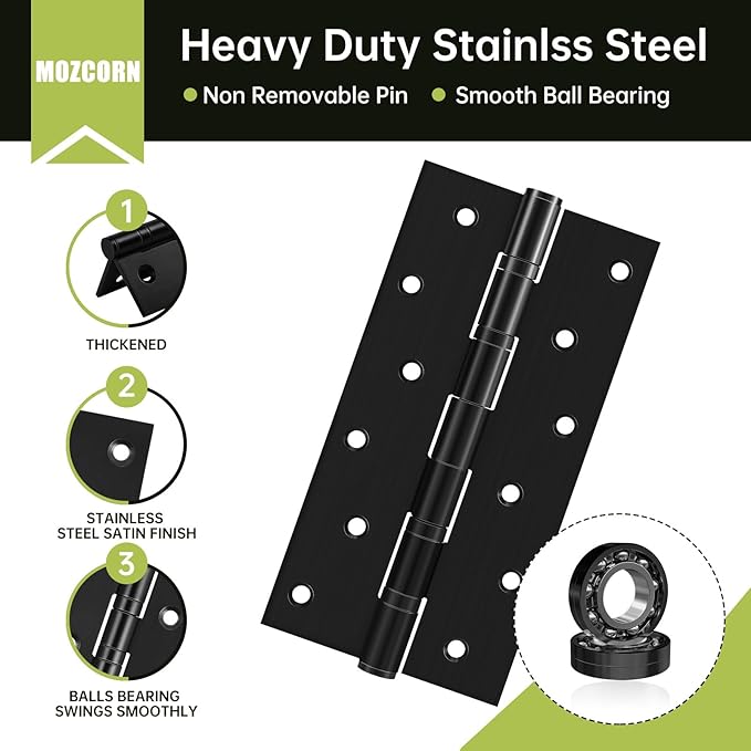 8" Ball Bearing Door Hinges 2 Pack, Heavy Duty Stainless Steel Hinge 8 x 4 Inch for Interior Exterior Doors, with Stainless Steel Screws, Matte Black