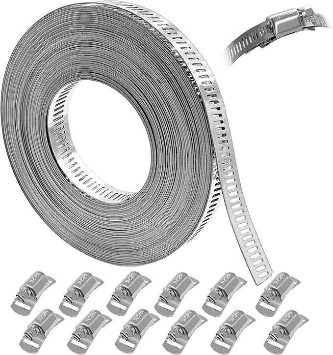 Hose Clamps Assortment Kit, CUKAYO 304 Stainless Steel DIY 32.8 FT Metal Strap+12 Stronger Fasteners, Large Adjustable Worm Gear Band Hose Clamps Screw Clamps Duct Pipe Metal Clamp Strapping