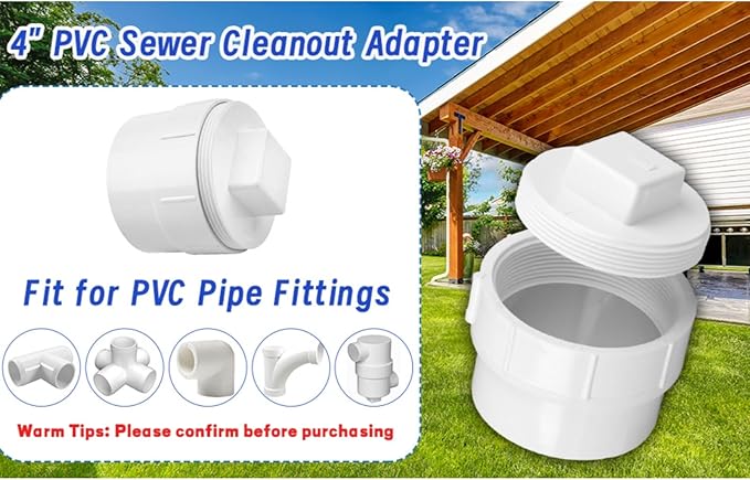 4" PVC Sewer Cleanout Adapter with Plug Pipe Fitting, Drainage Sewer Cleanout Cap PVC DWV Pipe Cover,For Use With 4-Inch Sewer and Drain Pipe