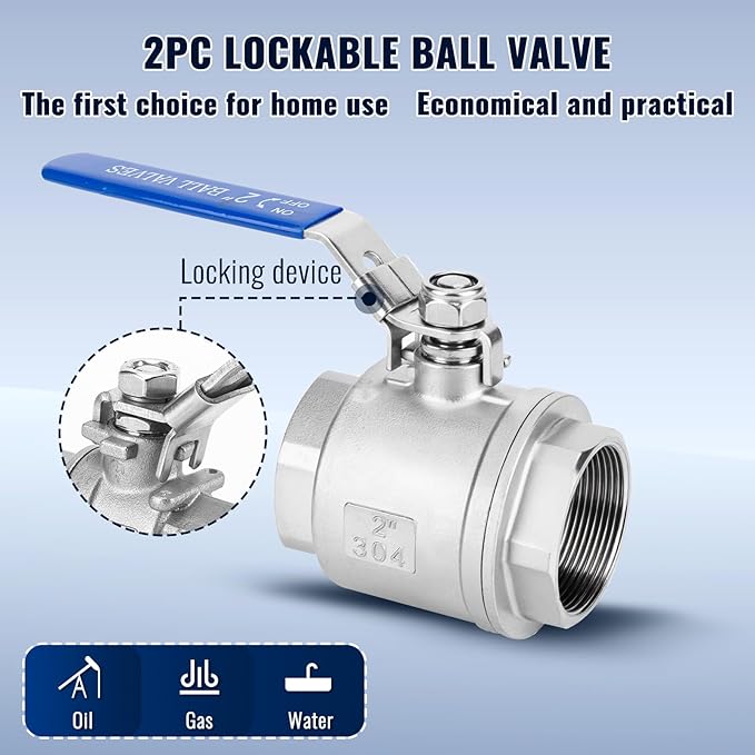 2 Pack 2" Ball Valves NPT Female Valve 304 Stainless Steel Full Port Locking Ball Valve Handle, Heavy Duty Shut Off Valve for Home and Industrial (2 Inch)
