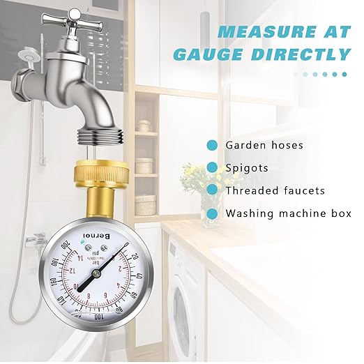 Water Pressure Gauge Kit, Glycerin Filled Test with Lead-Free Brass Hose Fittings, 3/4'' Female Coupler Plus 5 Adapters to in Multiple Systems, 2-2/3'' dial, 0-200 Psi