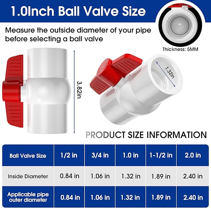 10PCS 1" PVC Ball Valves,SCH40 PVC Water Pipe Valves, Red T Handle Shut-Off Valve Socket, Slip Water Pipe Valve for Water Project, Swimming Pool, Sprinkler Lines, Outdoor Plumbing & Irrigation System