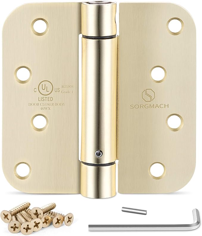 Self Closing Hinge Satin Brass Auto Close Hardware Hinge Outlet Adjustable Spring Hinges Satin Hinges 5/8" Radius Corner for Commercial Grade Self-Closing, UL Listed 3 Pack