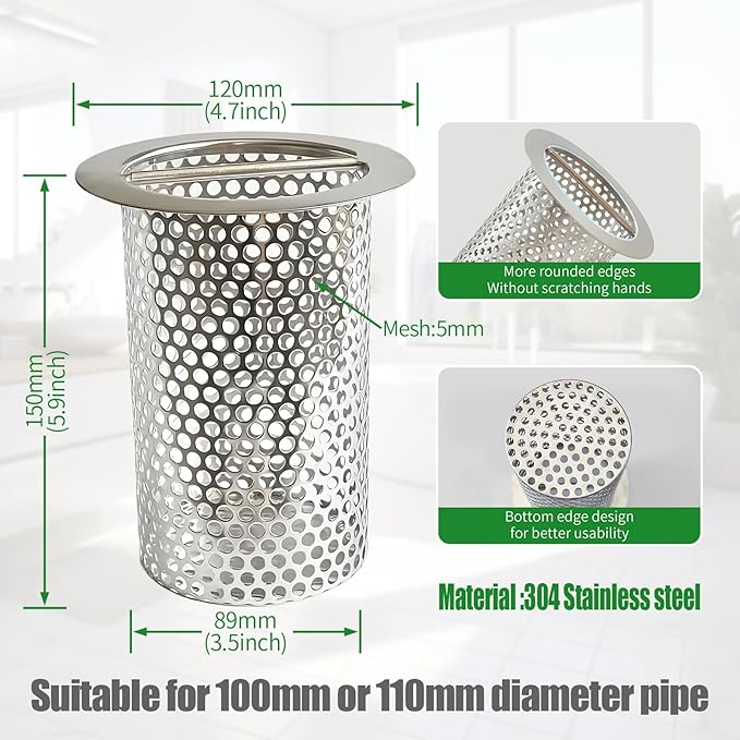4'' Commercial Floor Drain Strainer, 4" Tall 304 Perforated Cylindrical Mesh Stainless Steel Drain Strainer for Factory/Kitchen/Hospital/Restaurant (Silver, 4" Tall x 4" Diameter)