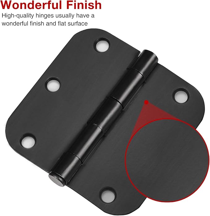 6 Pack Matte Black Interior Door Hinges Round 3.5" x 3.5 Inch 5/8" Radius Heavy-Duty Mat Hinge for Doors Standard Bedroom Work Office Door Hardware Removable Pin,Farm,Shed,Gate,Greenhouse Vent Window