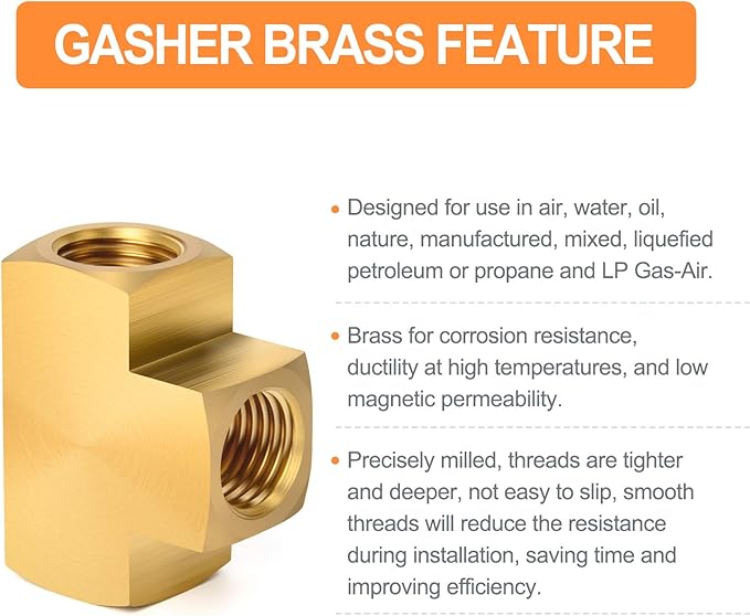 GASHER 1 Pcs Brass Barstock Tee, 1/4" x 1/4" x 1/4" NPT Female Pipe Fittings