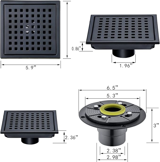 6 Inch Square Shower Floor Drain with Flange,Matte Black SUS 304 Stainless Steel Shower Drain Kit Floor Drain,Removable Grid Grate, Hair Strainer ﻿