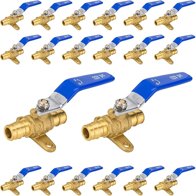 20-Pack Foskan 1/2" Brass PEX Expansion Drop Ear Ball Valve with Blue Handle, Full Port Shut-off Valve for Hot and Cold Water Distribution
