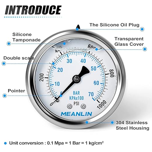 MEANLIN MEASURE 0~1000Psi Stainless Steel 1/4" NPT 2.5" FACE DIAL Liquid Filled Pressure Gauge WOG Water Oil Air,Center Back Mount, with 1/2" NPT and 3/8" NPT Hex Bushing