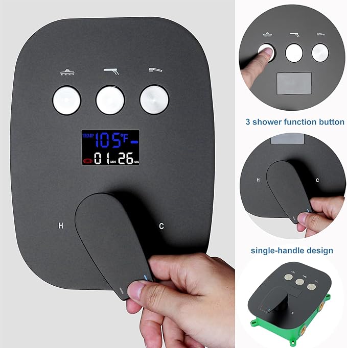 3 Way Matte Black 3 Function Shower Diverter Valve Temperature Control Display Push Botton Shower Diverter Pressure Balancing Modern Valve Trim Rough-In Mixing Shower Valve Kit