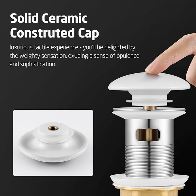 KES Bathroom Sink Drain with Oveflow, Pop Up Drain for Bathroom Sink, Bathroom Sink Stopper (White Ceramic Cap and All-Metal Body), S2008A-CW