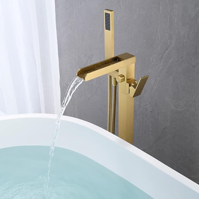 Freestanding Bathtub Faucet Brushed Gold Waterfall Tub Filler Floor Mount Brass Single Handle Bathroom Faucets with Hand Shower