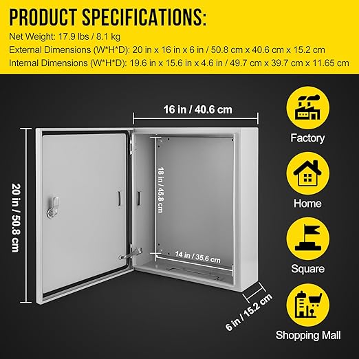 Outdoor Electrical Box,20x16x6 Steel Junction Box, NEMA 4X Electrical Enclosure Box IP66 Waterproof & Dustproof, Universal Electrical Project Box with Lock & Mounting Plate