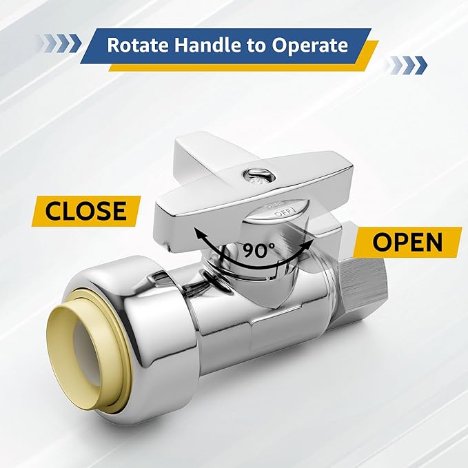 Push-Fit Straight Stop Valve 10-Pack, 1/2" Push x 3/8" OD Compression, 1/4 Turn Water Shut Off, Chrome Finish,Solid Brass,for Bathroom Sink PEX Pipe,Copper,CPVC