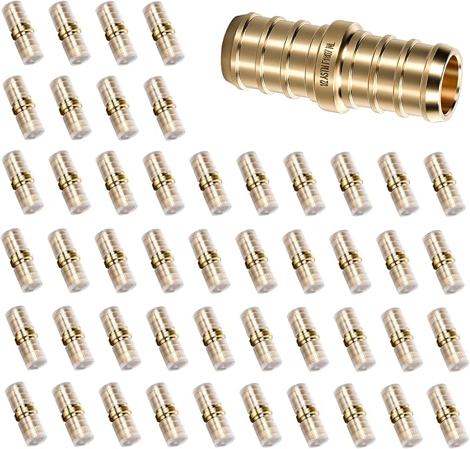 PEX Fittings 1/2 Inch, 50PCS Coupling Lead-Free Brass Connectors for PEX B Pipe, NSF UPC Certified, ASTM F1807, Compatible with Crimp/Clamp Rings (Hot/Cold Water, Hydronic Heating)