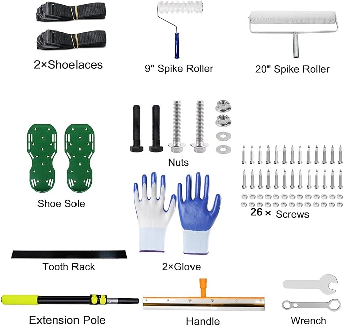 Self Leveling Cement Tool Kit - Epoxy Floor Kit, Self Leveling Rake, Spike Roller for Self-Leveling, Spike Shoes for Epoxy Flooring, Floor Leveling Tools, Garage Floor Epoxy Kit, Telescopic Pole