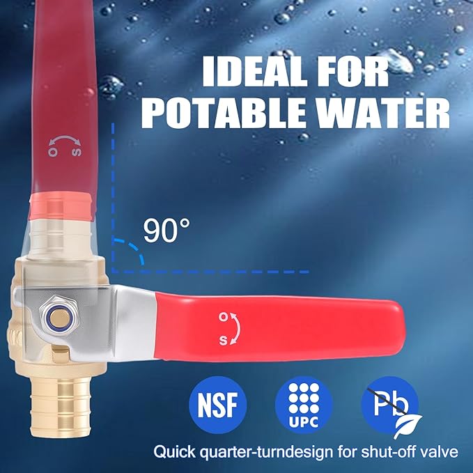 F1807 3/4" Pex Ball Valve, Brass Full Port Water Shut Off Ball Valve for Hot and Cold Water (2-Pack), UPC Certified