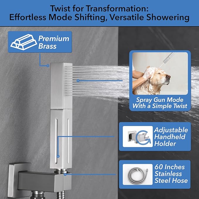 VANFOXLE Shower Faucet Set Brushed Nickel Shower System,Shower Faucet with 2 in 1 Handheld,Ceiling Mount 16 Inch Shower Head+6 Inch Shower Head(Rough-in Valve Body and Trim)