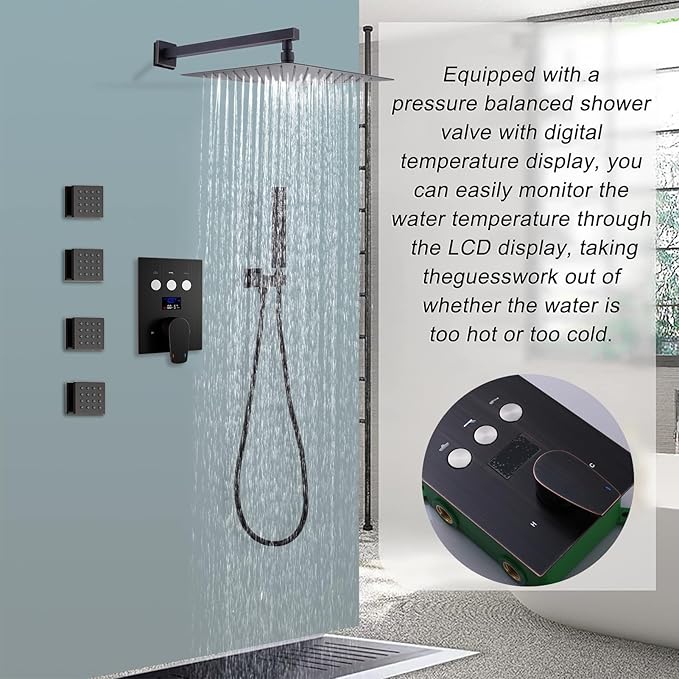 Shower System Oil Rubbed Bronze Shower Faucet Set 12 Inch Wall Mounted Full Body Rain Shower System with Body Jets, Handheld Spray, Digital Temperature Display Shower Valve